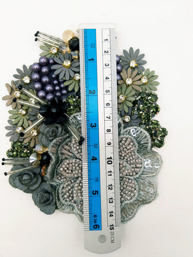 Grey Hand Embroidered Floral Applique With Beads, Rhinestones,Bugle Beads